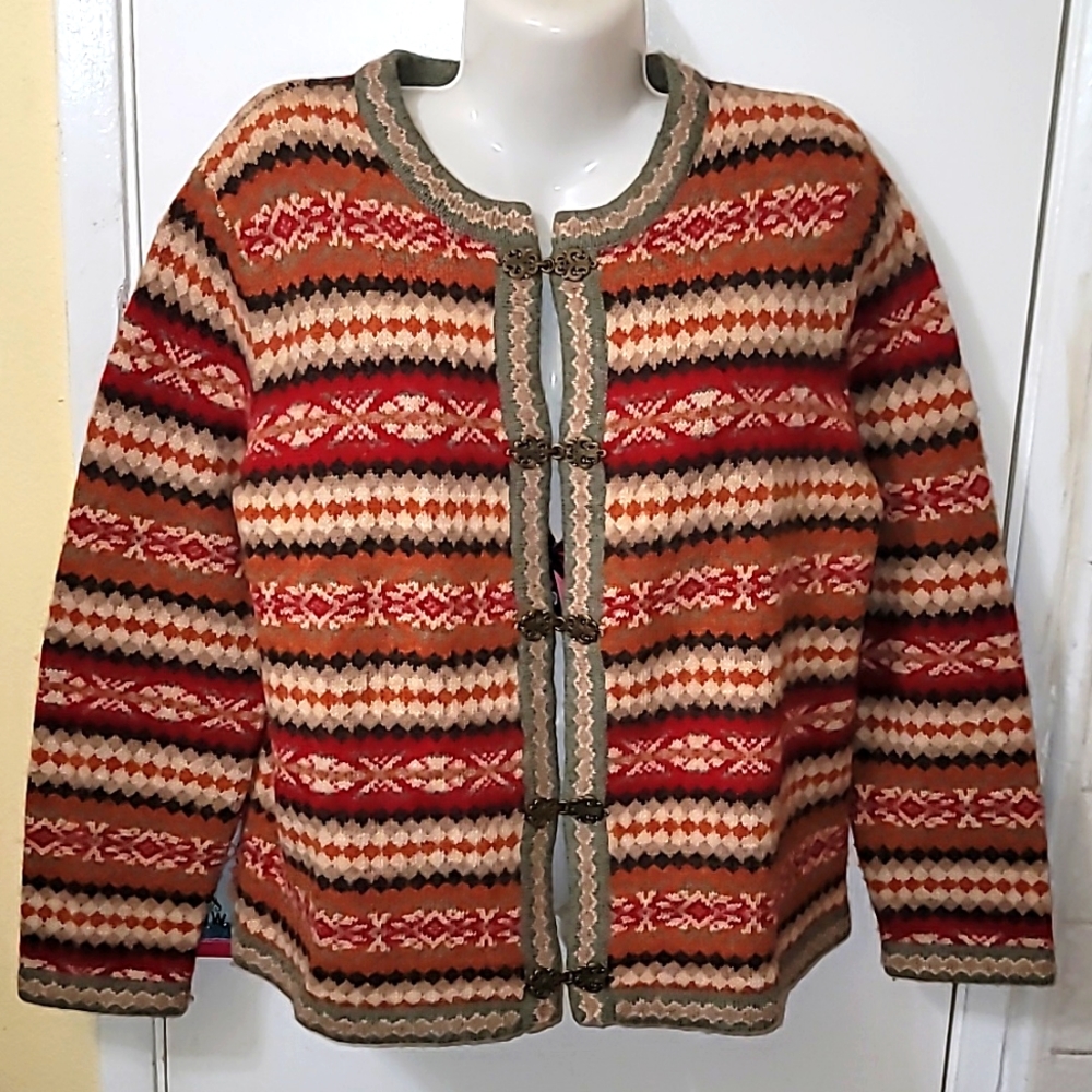 Cambridge dry goods wool cardigan nordic print knit orange green geometric print